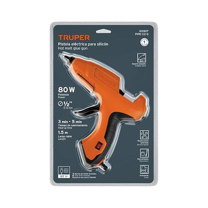 Truper Pipe-1/2-g, Pistola para Silic?n El?ctrica | 80 W, 127 V, Barra de 1/2", Soporte Met?lico Plegable, Grip Antiderrapante, Incluye 2 Barras de Silic?n