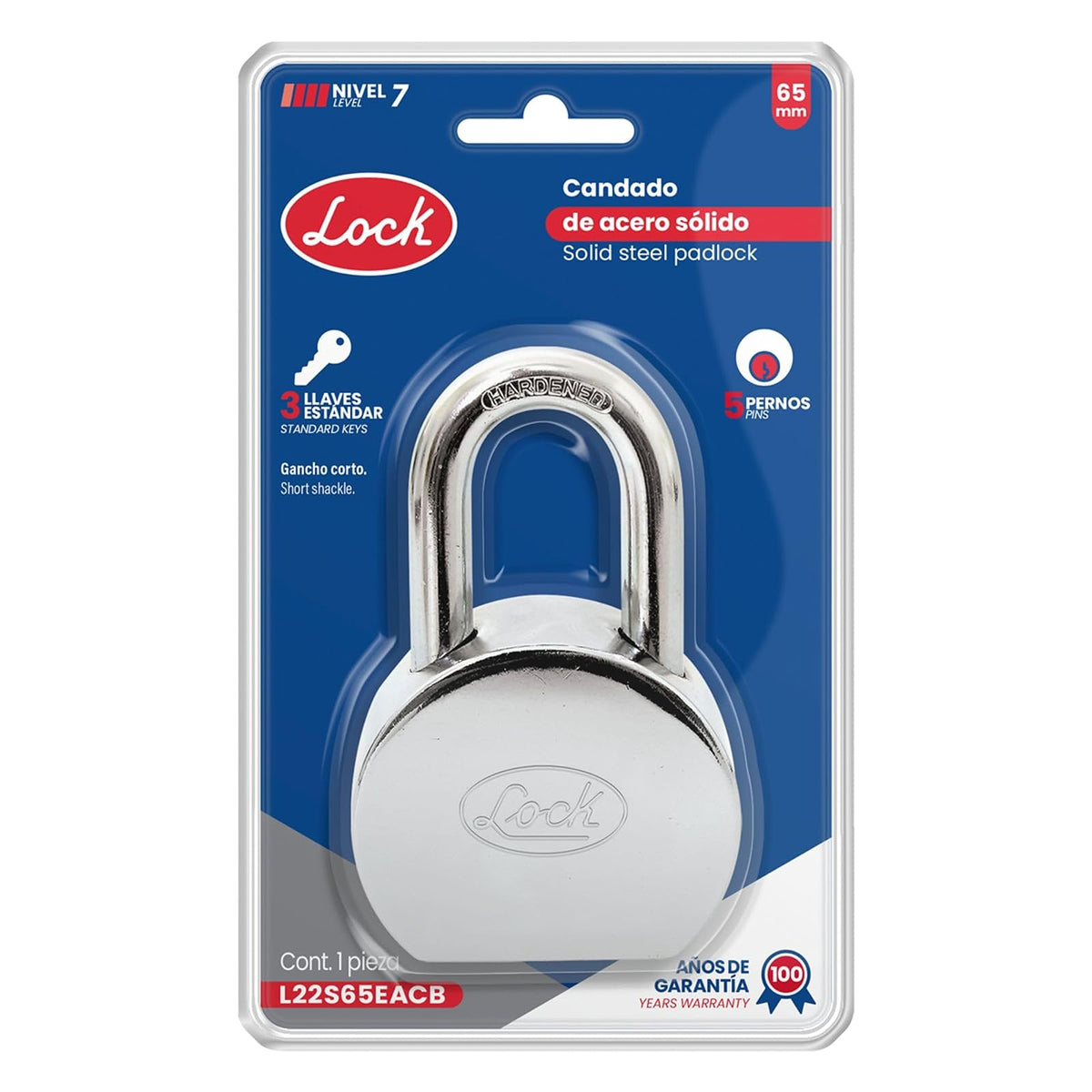 Lock L22S65EACB Candado de Acero Corto Redondo Llave Estándar, 65 mm