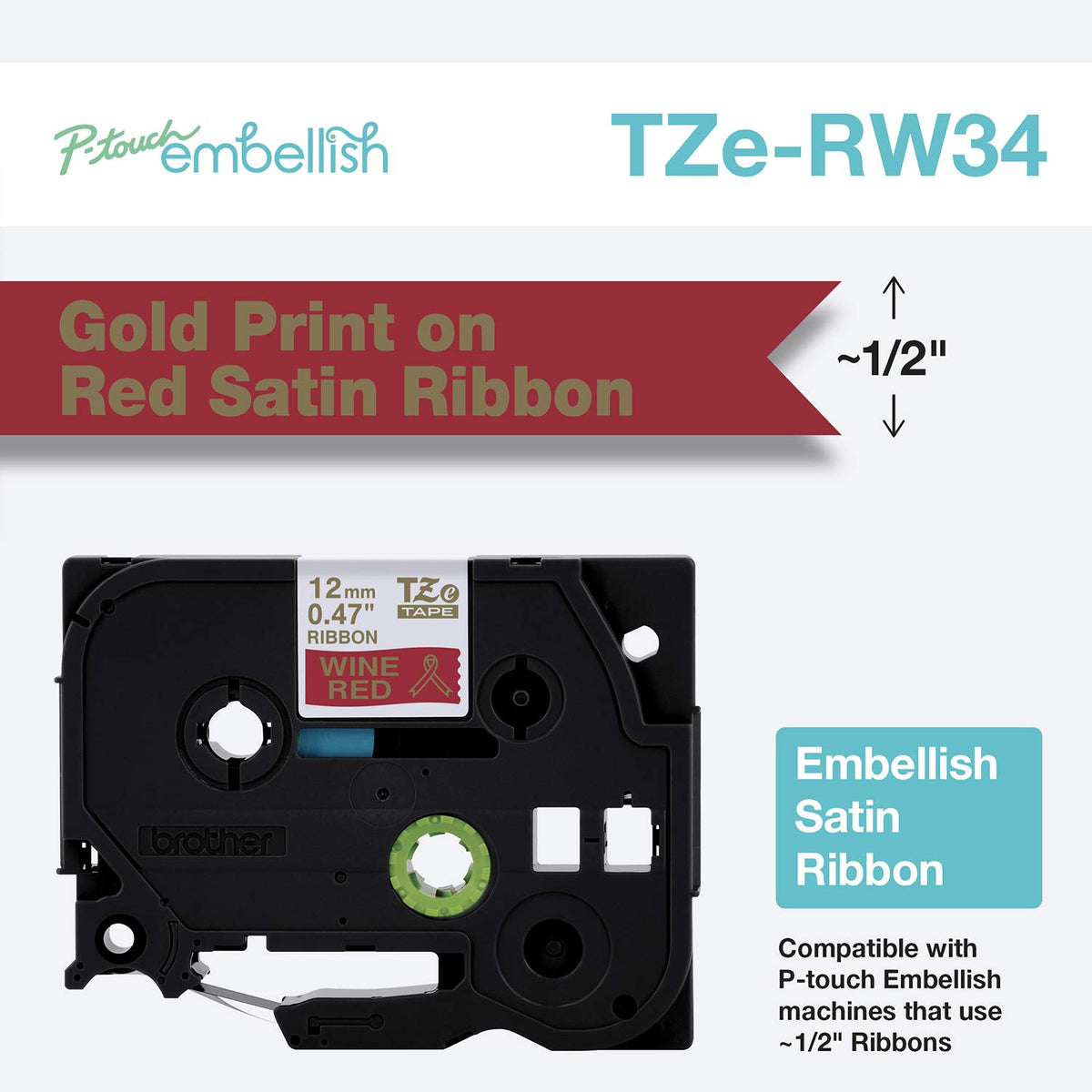Brother International Brother P-Touch Embellish TZERW34 - Cinta de satn, color dorado