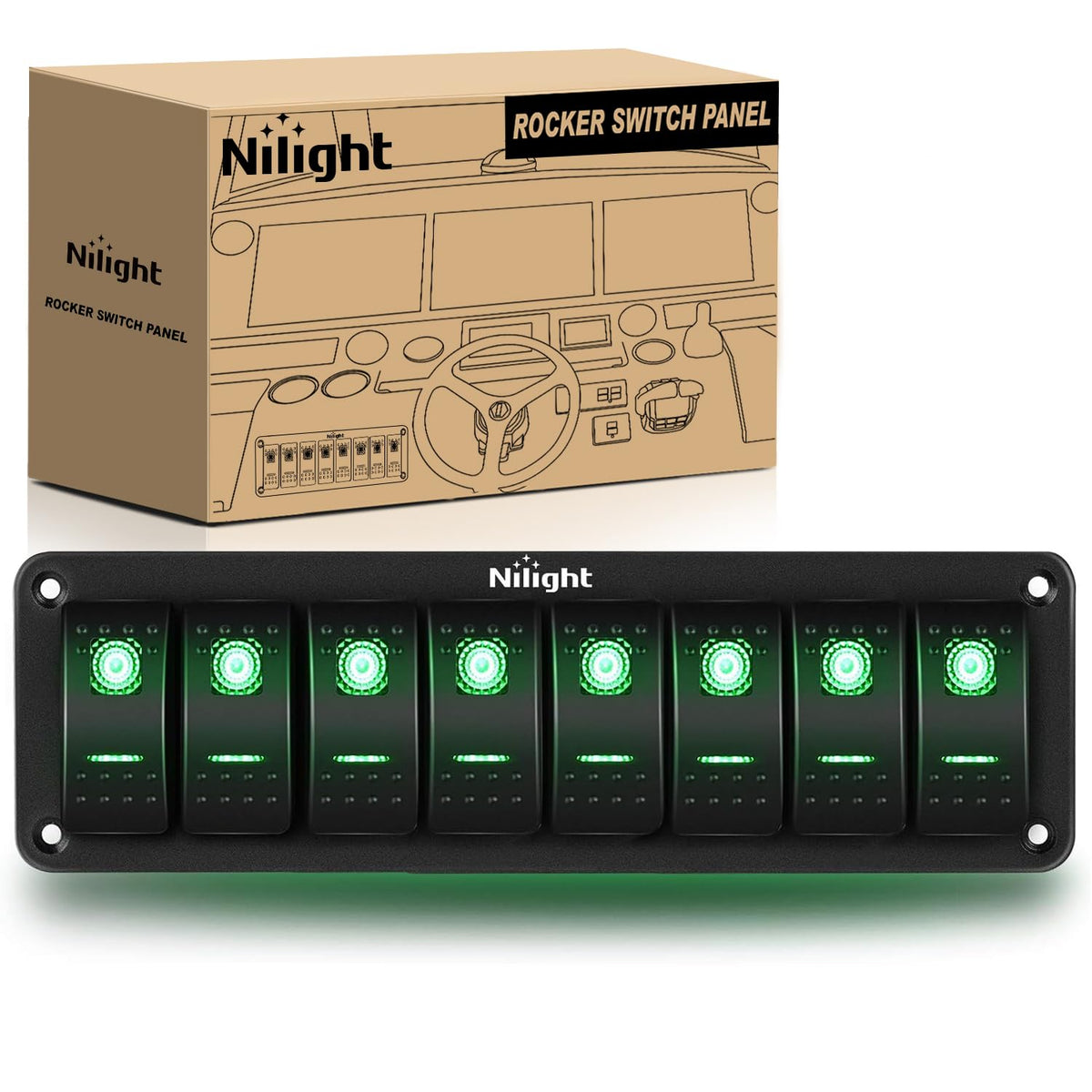 Nilight Panel de interruptor de 8 bandas, interruptor de palanca de 5 pines, soporte de aluminio, 12 V, 24 V, tablero precableado, interruptores retroiluminados verdes para automóviles, barcos marinos, caravanas, camiones, 2 años de garantía
