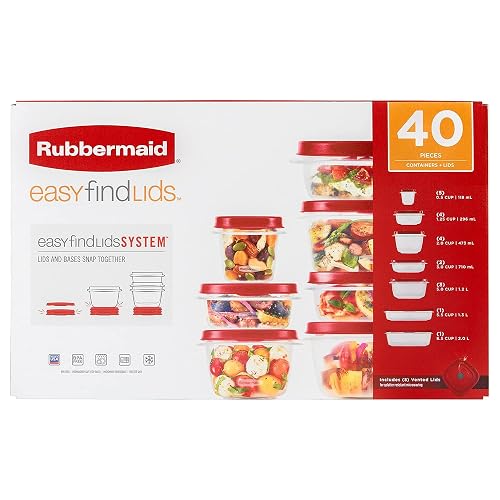 Rubbermaid - 2063704 Rubbermaid Easy Find - Recipientes de almacenamiento de alimentos con tapas ventiladas, juego de 21 (42 piezas en total), rojo