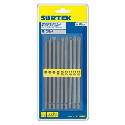 Surtek PFCL9 Juego combinado de puntas extra largas hexágono de 1/4", 9 piezas