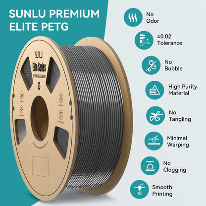 SUNLU - Filamento oficial Elite PETG de 1,75 mm - 1 kg (2,2 libras), filamento de impresora 3D fuerte, precisión dimensional de 1,75 mm +/- 0,02 mm, 320 metros, gris