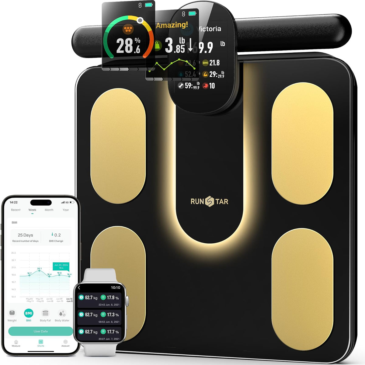 Runstar Smart Scale FSA o HSA, 8 electrodos, báscula digital de baño para peso corporal y grasa, IMC, masa muscular 28, medición de composición corporal, con TFT LCD a todo color en mango retráctil