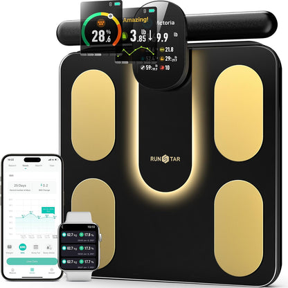 Runstar Smart Scale FSA o HSA, 8 electrodos, báscula digital de baño para peso corporal y grasa, IMC, masa muscular 28, medición de composición corporal, con TFT LCD a todo color en mango retráctil