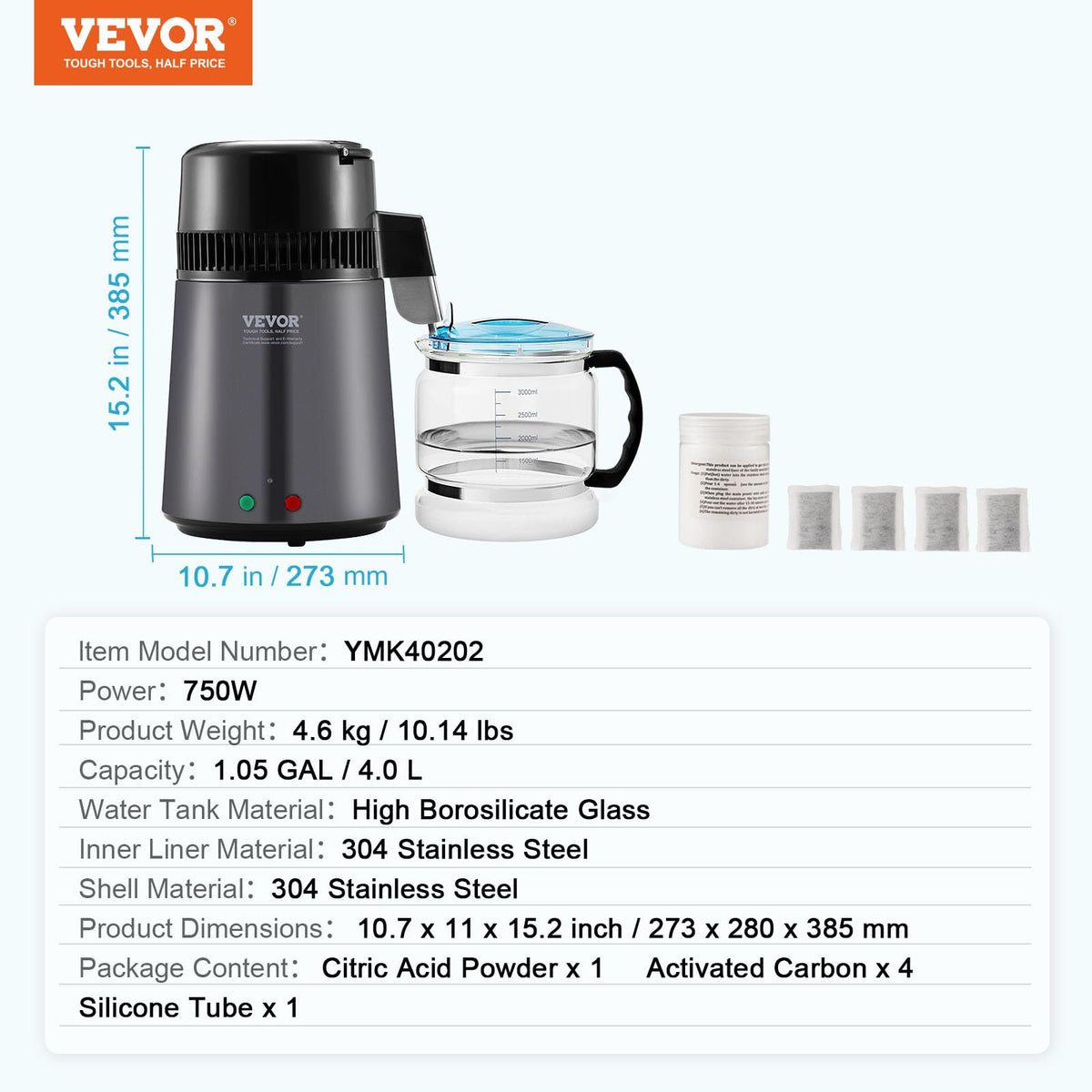 VEVOR Destilador de agua, filtro purificador de agua pura de 4 l y 1,05 galones para encimera del hogar, máquina de agua destilada de 750 W, destilador interior de acero inoxidable, color gris