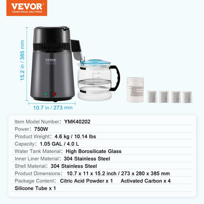 VEVOR Destilador de agua, filtro purificador de agua pura de 4 l y 1,05 galones para encimera del hogar, máquina de agua destilada de 750 W, destilador interior de acero inoxidable, color gris