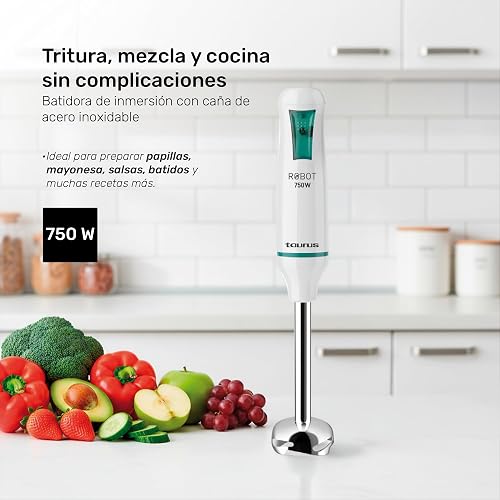 TAURUS ROBOT 750 INOX | Batidora de Inmersión 750 W | Caña de Acero Inoxidable Desmontable | Turbo Rotation System | Control de Pulso | Ideal para Papillas, Salsas y Batidos Familiares