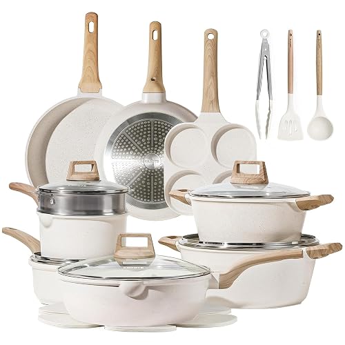 CAROTE - Batería de cocina de 21 Piezas, ollas, utensilios y sartenes antiadherentes color granito blanco, compatibles con inducción y gas, Libre de PFOS y PFOA