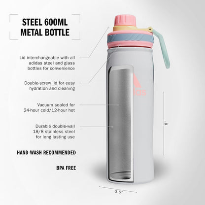 adidas Botella de agua de metal de 600 ml, acero inoxidable 18/8 con aislamiento de doble pared caliente y frío, Blanco/Rosa Spark/Clear Sky Blue, 20 Ounces