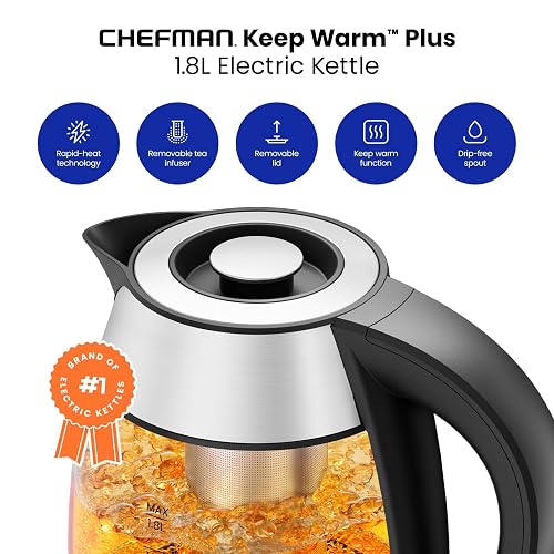 Chefman - Hervidor eléctrico de vidrio 1.8 L, 1500 W | Con infusor de té, función de mantener el calor, apagado automático y protección contra ebullición