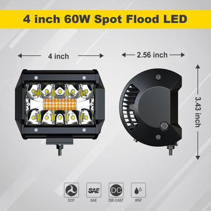 FEELON LED Light Bar 4PCS 4'' Inch White/Amber Yellow LED Pods Equivalent to 240-Watt Strobe Light Driving Fog Lights Triple Row Off Road Lights with Six Modes for SUV ATV UTV Trucks Pickup Lamp
