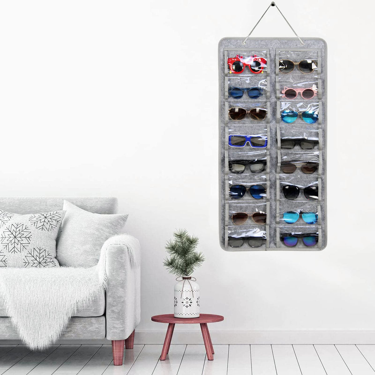Casaphoria Organizador de anteojos de sol para colgar, a prueba de polvo, bolsillo de pared, organizador de anteojos de sol, 16 ranuras de fieltro, soporte organizador con gancho de metal y cuerda
