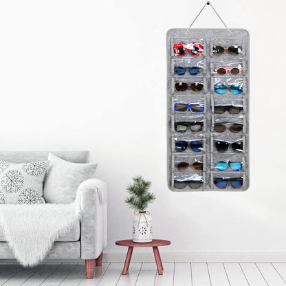 Casaphoria Organizador de anteojos de sol para colgar, a prueba de polvo, bolsillo de pared, organizador de anteojos de sol, 16 ranuras de fieltro, soporte organizador con gancho de metal y cuerda