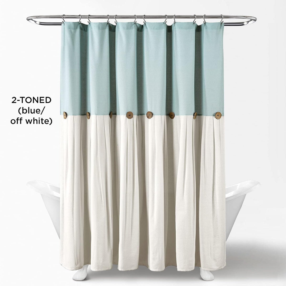 Lush Decor - Cortina de Ducha de Lino con Botones, 72 Pulgadas de Ancho x 72 Pulgadas de Largo, Azul y Blanco Roto, Tela de Cortina de Ducha Azul, Cortina de baño, decoración de baño de Granja