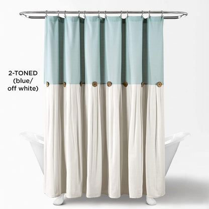 Lush Decor - Cortina de Ducha de Lino con Botones, 72 Pulgadas de Ancho x 72 Pulgadas de Largo, Azul y Blanco Roto, Tela de Cortina de Ducha Azul, Cortina de baño, decoración de baño de Granja