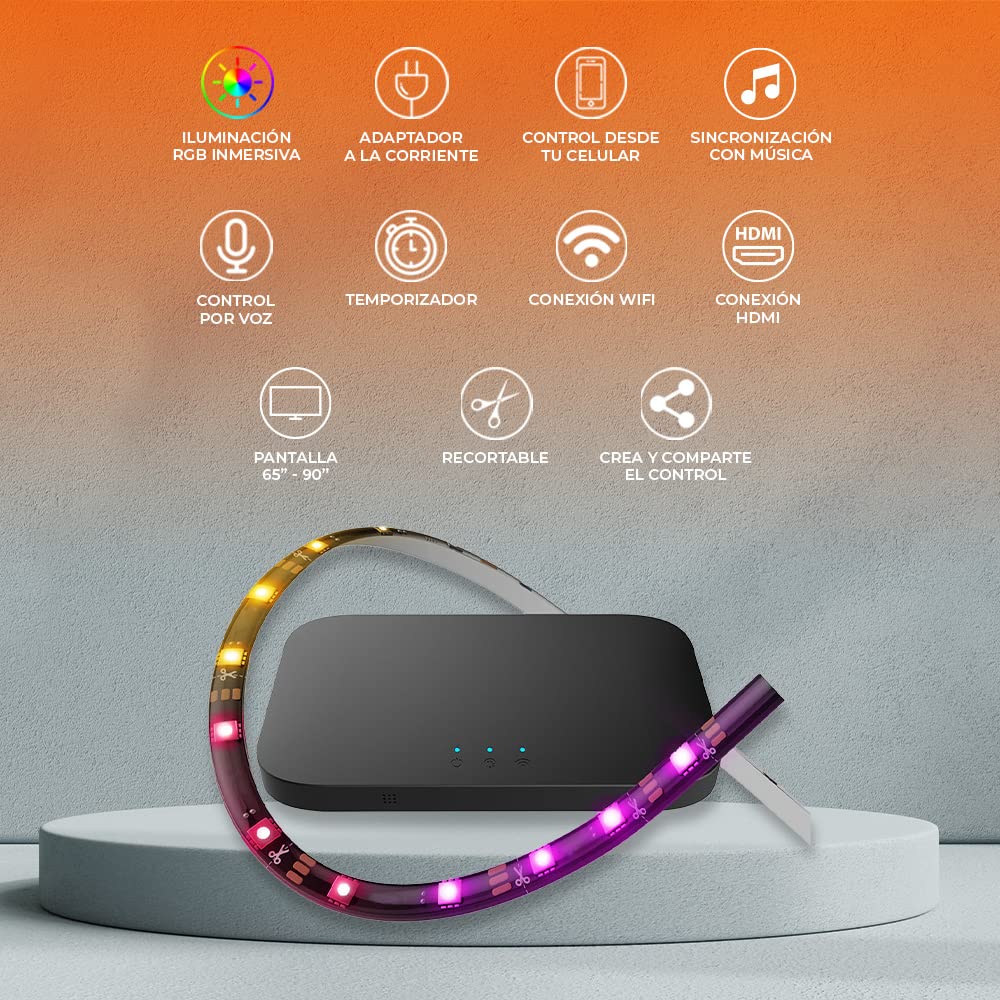 Tecnolite Connect Kit Tira LED de TV Inmersión Inteligente Wi-Fi Sync Box - Luz RGB, Retroiluminación para Pantallas hasta 90'', Gaming, Música, Compatible con Alexa, Google Assistant, Atajos de Siri