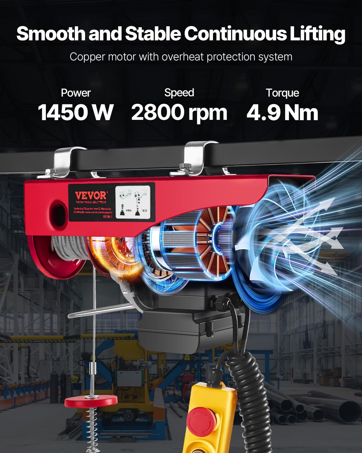VEVOR Polipasto Eléctrico de 1760 Libras con Control Remoto con Cable de 14 Pies, Polipasto Eléctrico de 110 Voltios con Altura de Elevación de Cable de 40 Pies y Motor de Cobre Puro