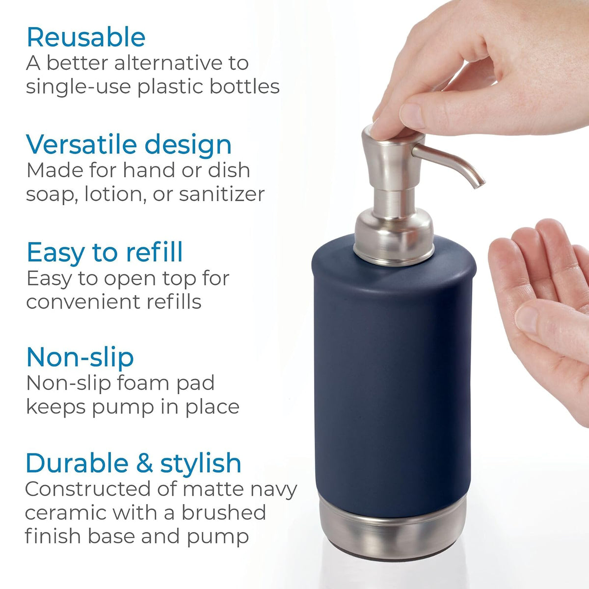 iDesign - Dispensador de jabón para baño o Cambiador, sostiene jabón de Manos o Platos, Azul Marino Mate/níquel Cepillado