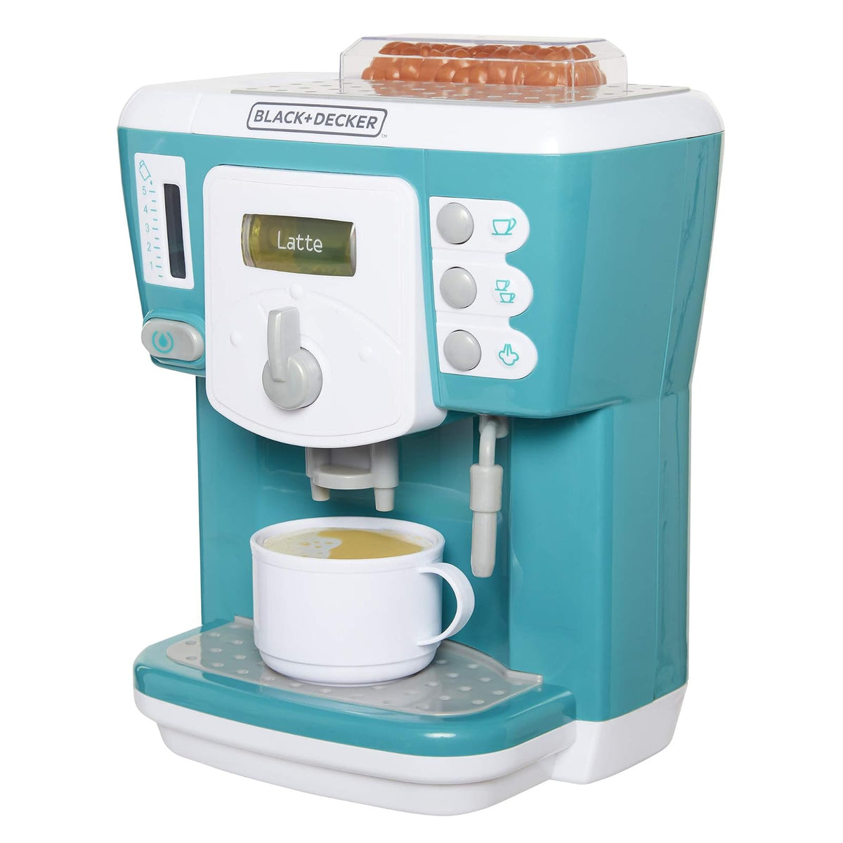 BLACK+DECKER Junior Coffee Maker Role Play Pretend Kitchen Appliance for Kids with Realistic Action, Light and Sound - Plus Toy Coffee Mug for Imaginary Brewing Fun