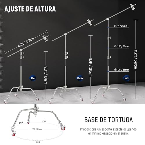 NEEWER C Stand Luz Resistente 3,4m Trípode Soporte de Fotografía de Metal con Amortiguador de Resorte Integrado y 1/4" Tornillo para Iluminación LED de Estudio y Cámara DSLR, Carga Máxima: 10kg, Negro