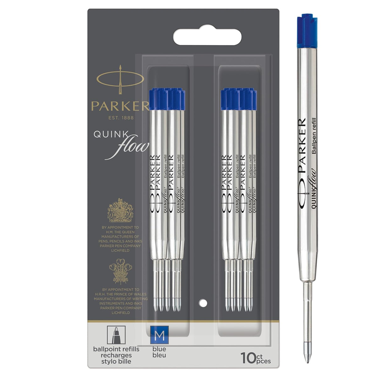 Parker Quinkflow - Recambio de tinta para bolígrafo de punta media, color azul, 10 unidades