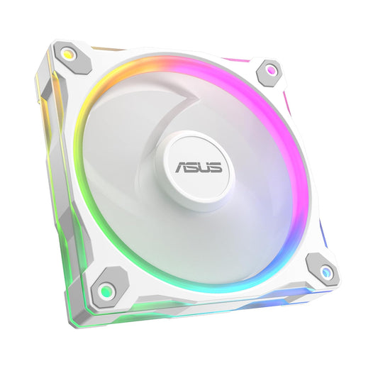 ASUS Prime MR120 ARGB Ventilador blanco paquete individual, marco extra grueso de 28 mm, refrigeración silenciosa de alto rendimiento con control PWM, 20 LED ARGB con iluminación de marco de doble