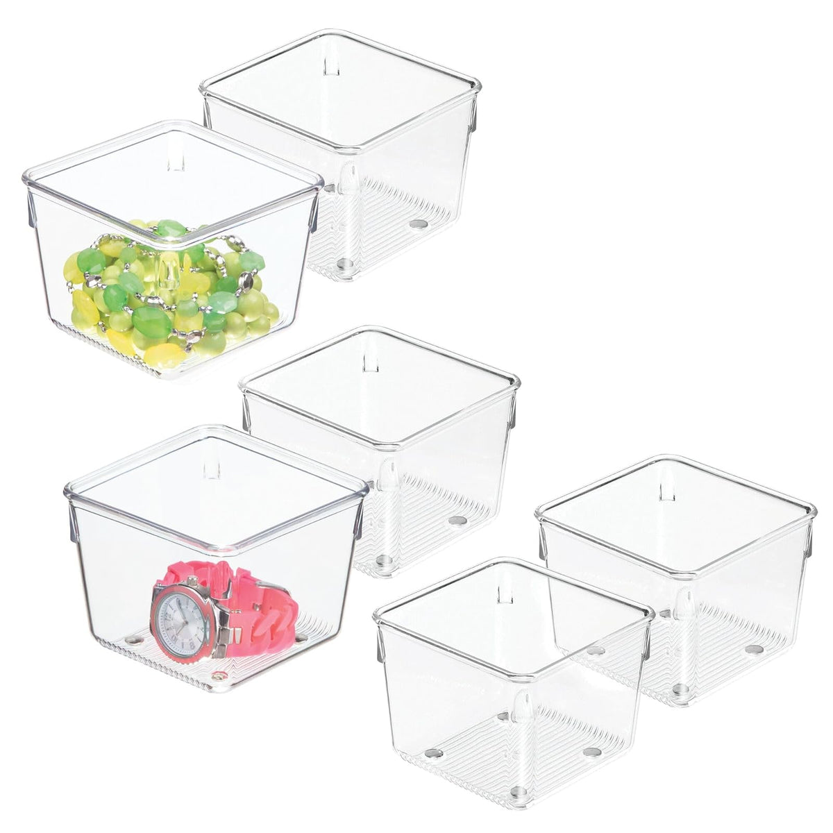 iDesign - Contenedores organizadores de cajones de plástico para cocina, baño y computadora, juego de 6 unidades, transparente