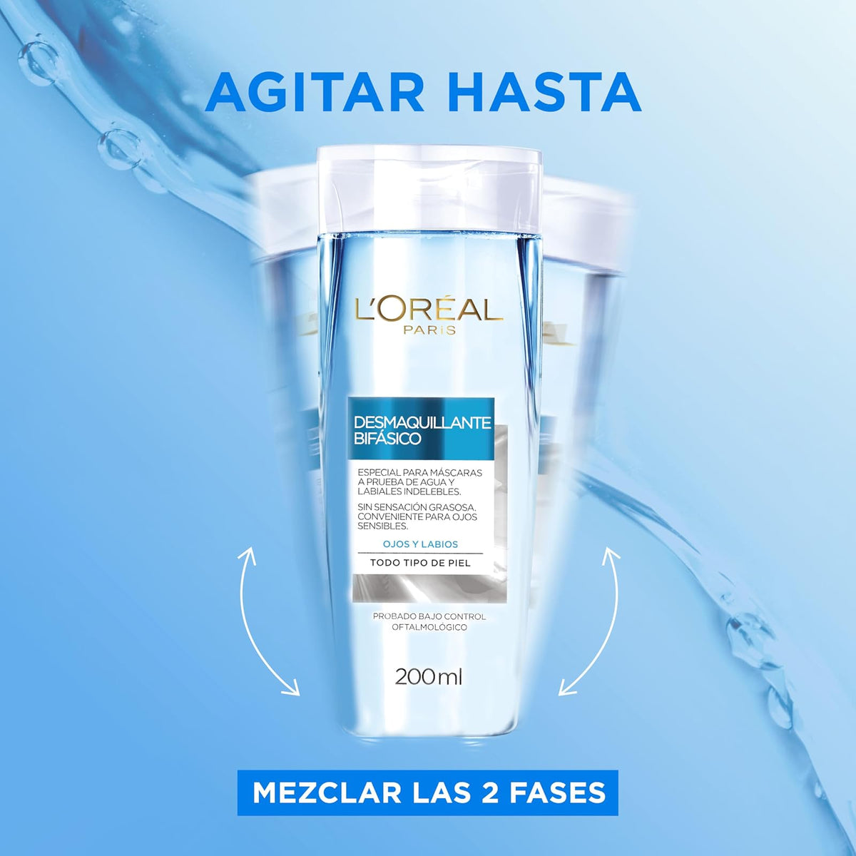L'Oreal Paris Desmaquillante Bifásico para Ojos y Labios, Todo Tipo de Piel, 200ml.