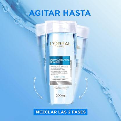 L'Oreal Paris Desmaquillante Bifásico para Ojos y Labios, Todo Tipo de Piel, 200ml.