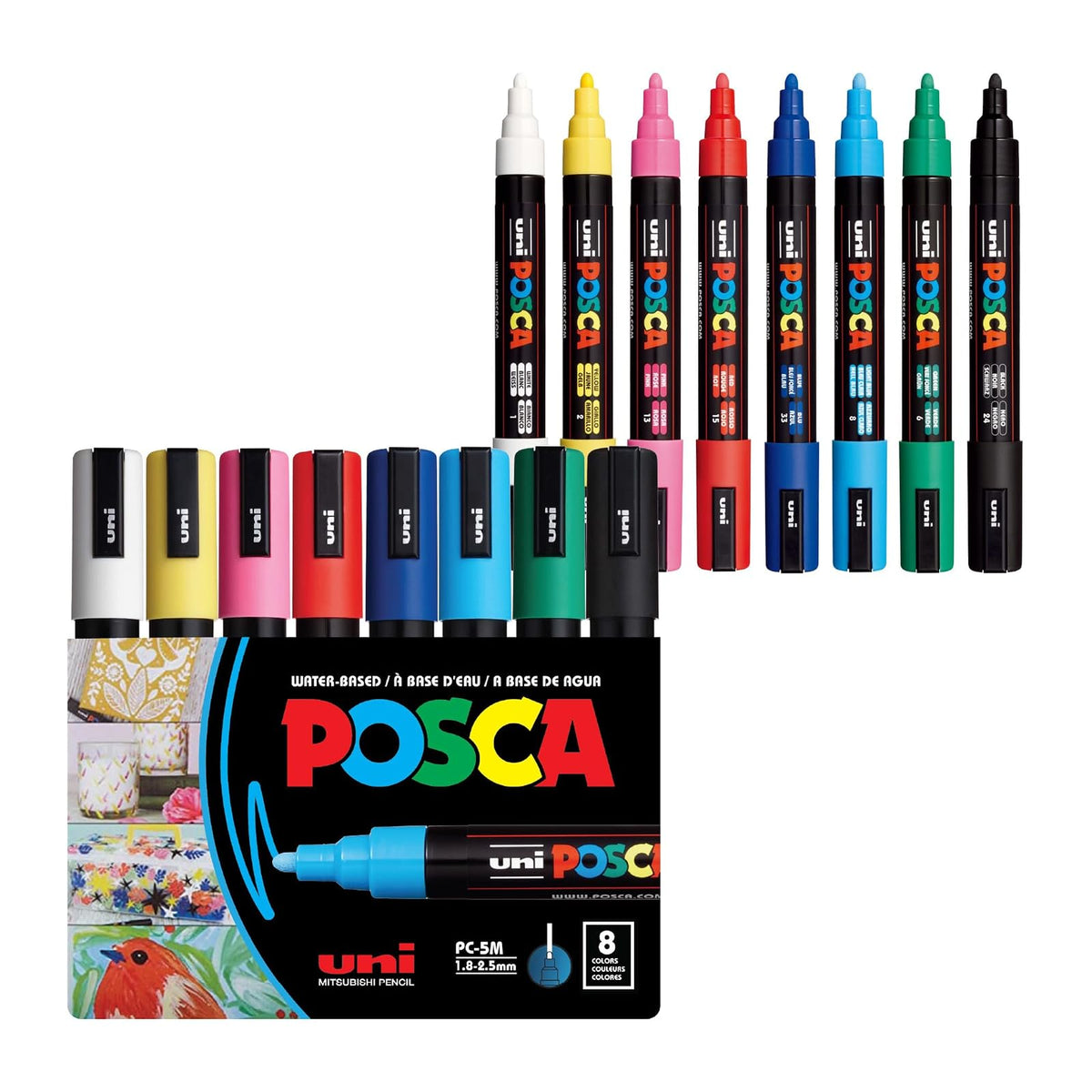 Posca Pastel Juego de Marcadores para Arte, 8 Piezas - Negro, blanco, rojo, amarillo, azul, azul claro, verde, rosa