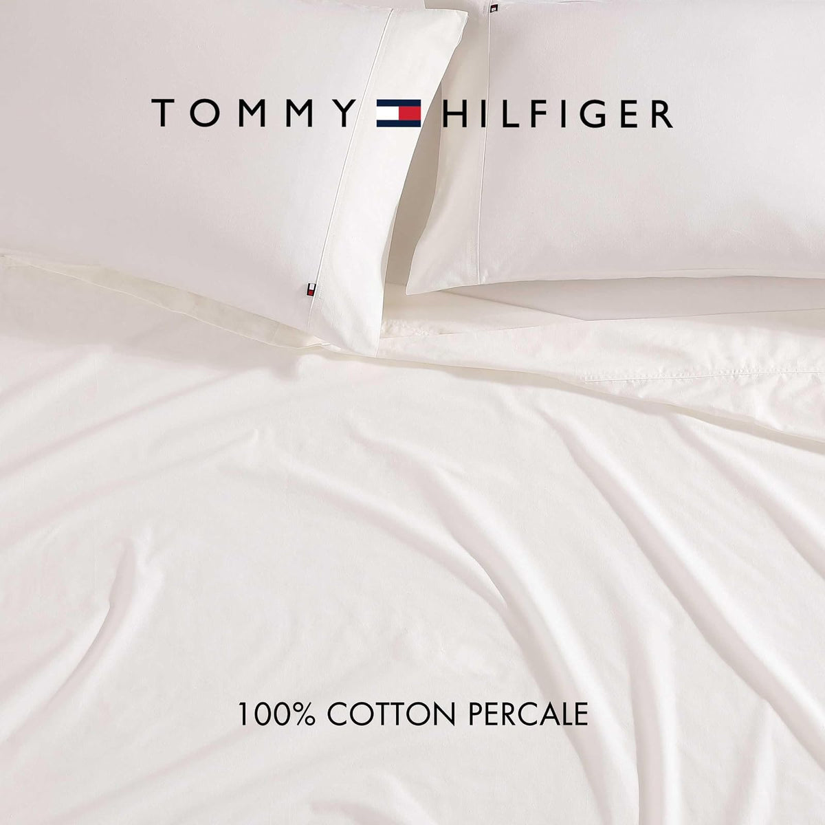 Tommy Hilfiger - Juego de sábanas, Ropa de Cama de percal de algodón Lavado con Fundas de Almohada a Juego, crujiente y Fresco, básico sólido para el hogar (Marfil, Queen)