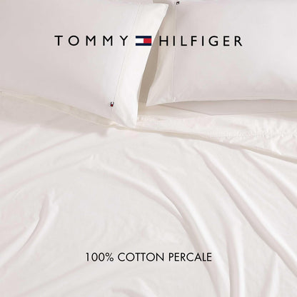 Tommy Hilfiger - Juego de sábanas, Ropa de Cama de percal de algodón Lavado con Fundas de Almohada a Juego, crujiente y Fresco, básico sólido para el hogar (Marfil, Queen)