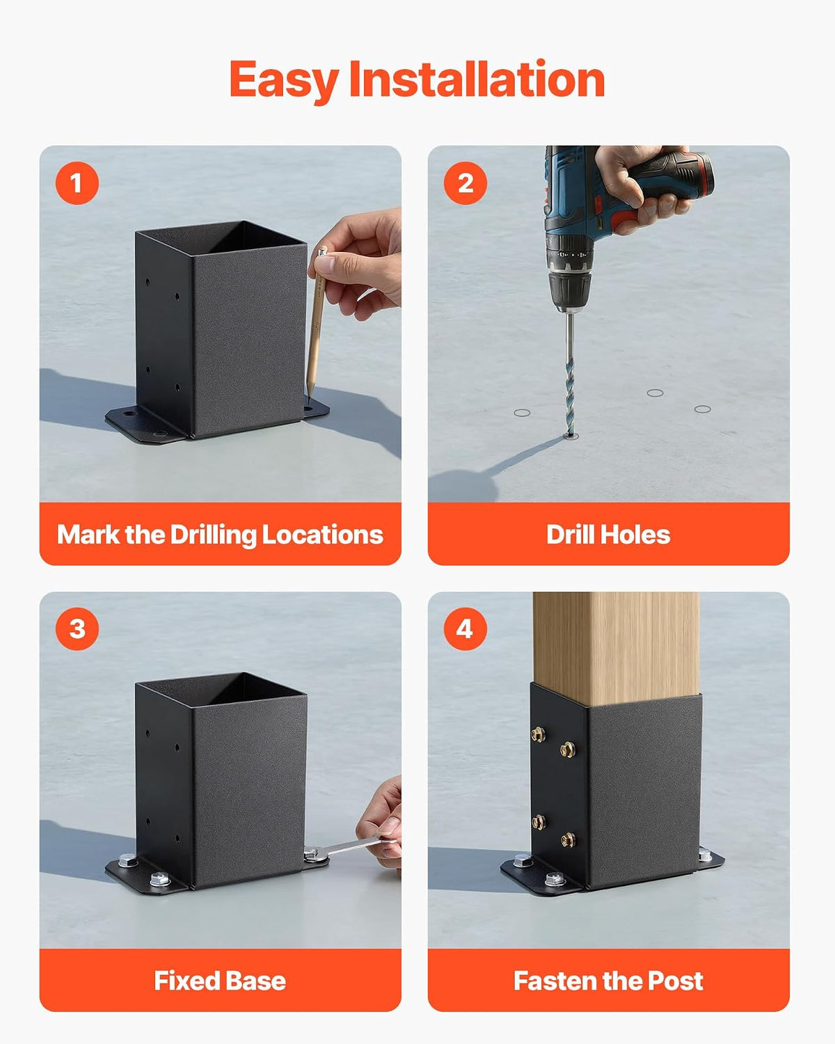 VEVOR 10 Piezas Soportes para Postes de Madera 4" x 4"(102x102 mm) Base Interna de Poste de Acero al Carbono para Anclaje de Poste con Recubrimiento en Polvo para de Soporte, Terraza, Negro
