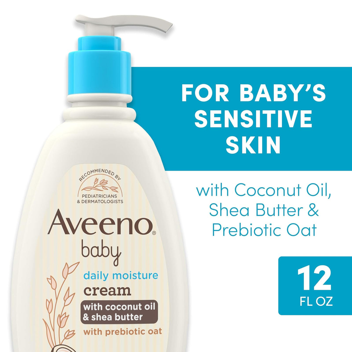 Aveeno Baby Crema Hidratante Diaria Daily Moisturizing Cream Prebiótica | 12 fl oz, aceite de coco, manteca de karité, hipoalergénica, aroma suave de coco
