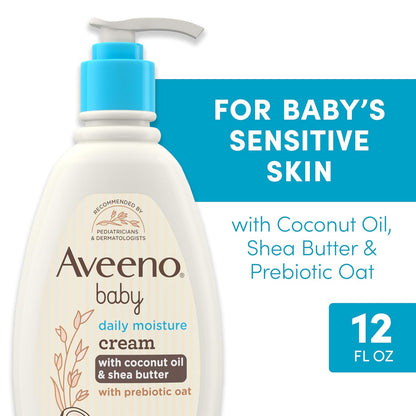 Aveeno Baby Crema Hidratante Diaria Daily Moisturizing Cream Prebiótica | 12 fl oz, aceite de coco, manteca de karité, hipoalergénica, aroma suave de coco