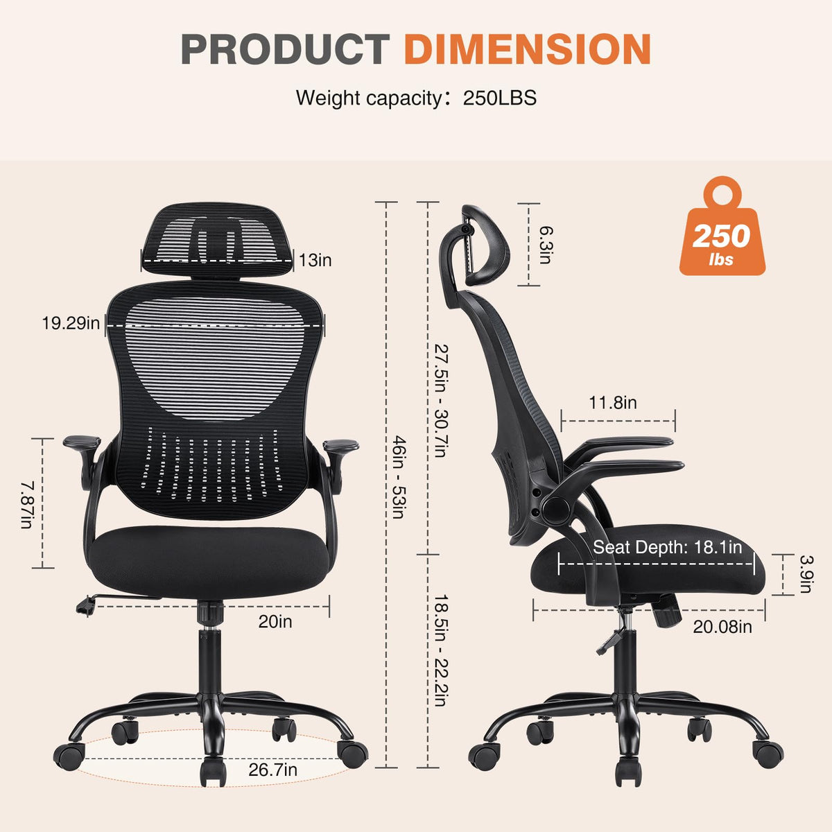 Sweetcrispy - Silla ejecutiva de Oficina en casa, Malla de Respaldo Alto con reposacabezas Ajustable, reposabrazos abatible, cómodo Soporte Lumbar, Brazos cómodos para recámara, Estudio, Estudiante