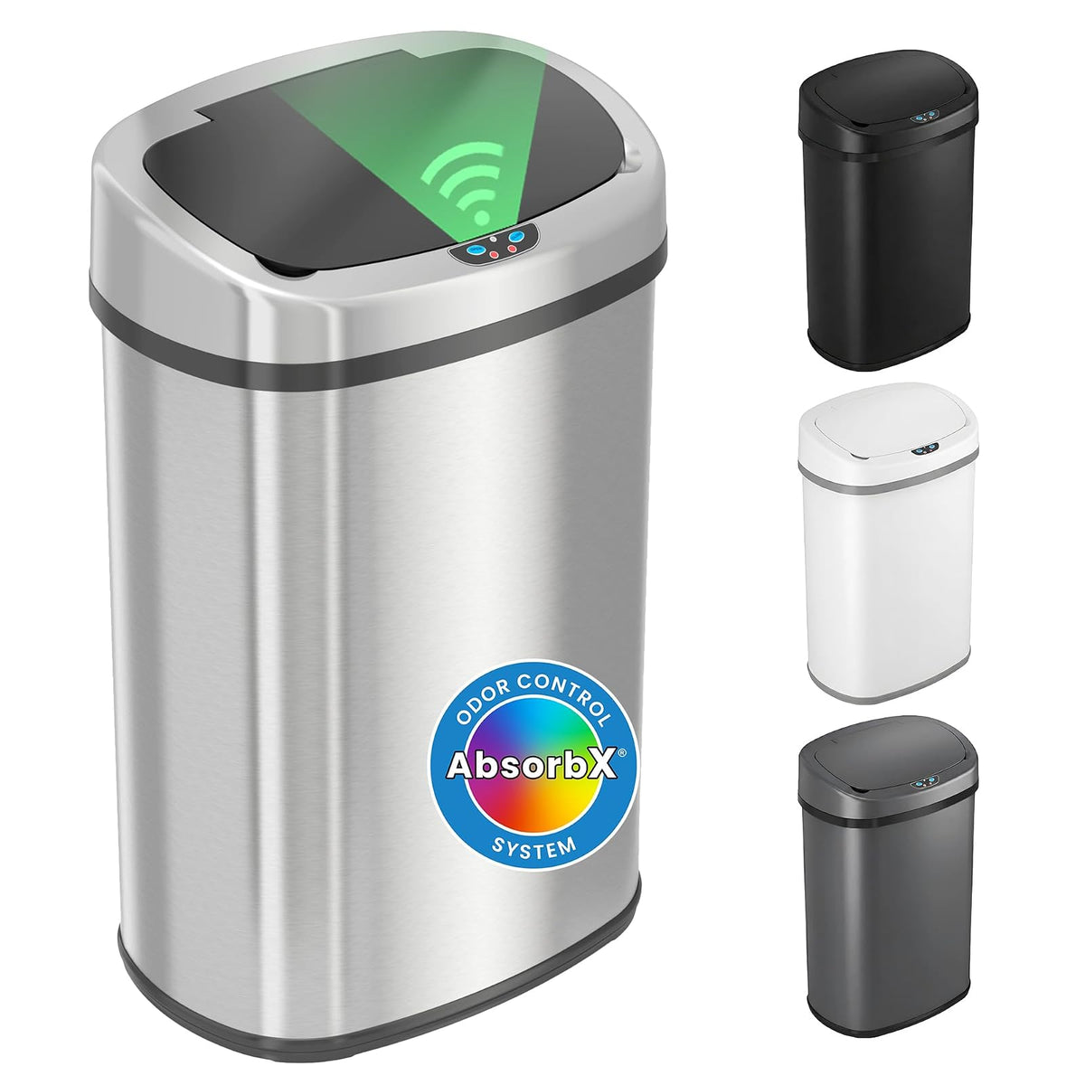 iTouchless SensorCan - Cubo de basura sin contacto con filtro absorbente de olores, forma, acero inoxidable ovalado