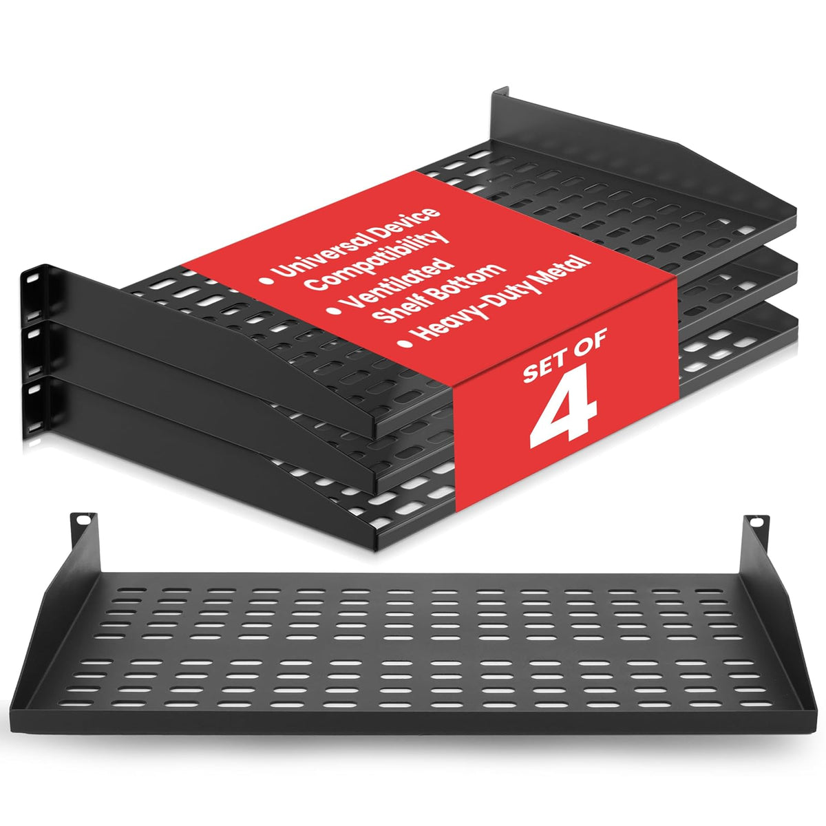 Pyle 4 Estantes para Rack de 19 Pulgadas, Bandejas de Metal Ventilados para Servidor, Montaje Universal en Gabinete o Pared, Soporta hasta 45 kg, Negro