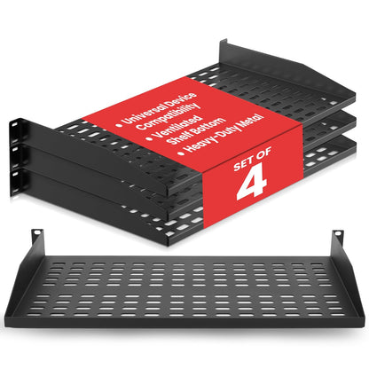 Pyle 4 Estantes para Rack de 19 Pulgadas, Bandejas de Metal Ventilados para Servidor, Montaje Universal en Gabinete o Pared, Soporta hasta 45 kg, Negro