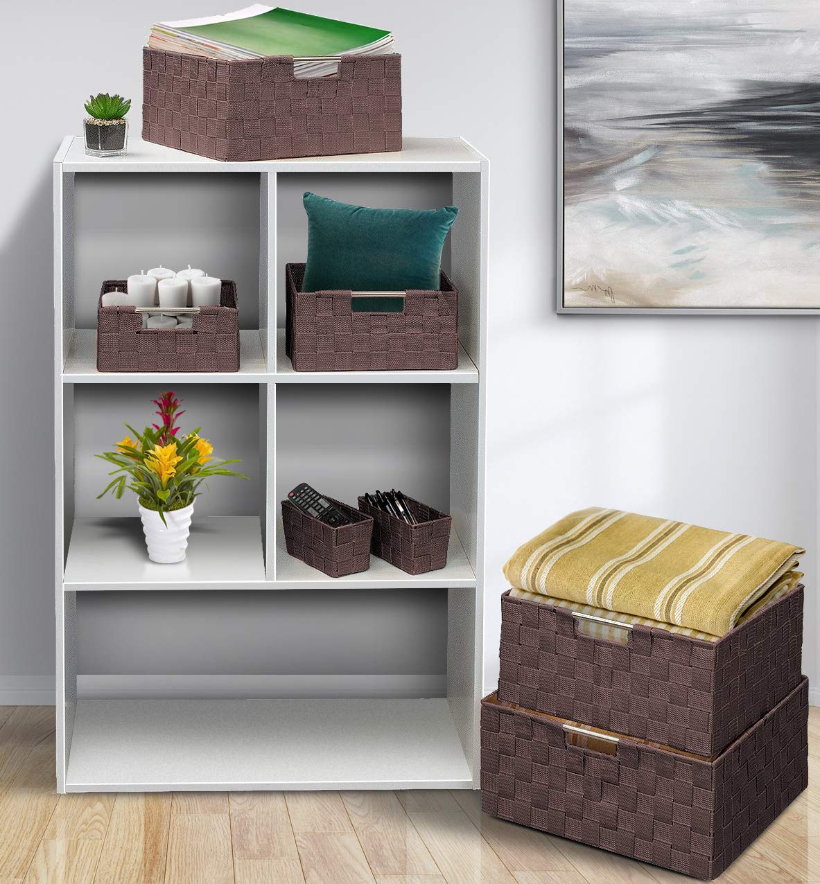 Sorbus Storage Baskets for Organizing (Set of 7), Mesh Hand-Woven Design, Linen Closet Organizers and Storage, Organizer Storage Baskets for Shelves, Variety Pack Organizers and Storage (Chocolate)