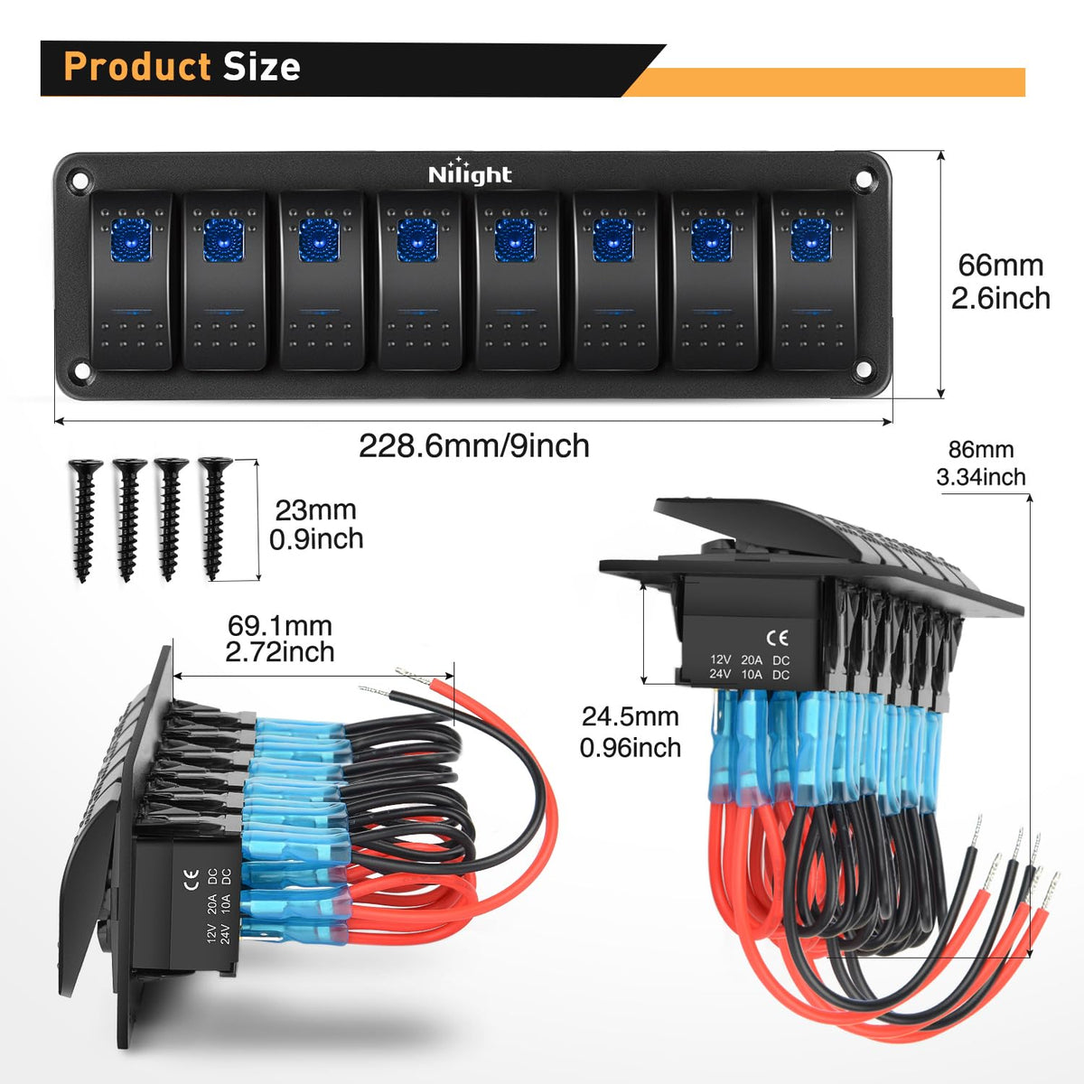 Nilight Interruptor de aluminio de 8 bandas, interruptor de 5 pines, interruptor precableado, interruptor retroiluminado azul para automóvil, barco, caravana, 2 años de garantía