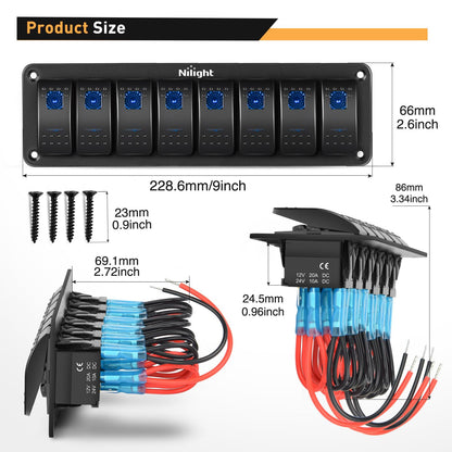 Nilight Interruptor de aluminio de 8 bandas, interruptor de 5 pines, interruptor precableado, interruptor retroiluminado azul para automóvil, barco, caravana, 2 años de garantía