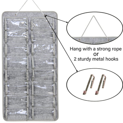 Casaphoria Organizador de anteojos de sol para colgar, a prueba de polvo, bolsillo de pared, organizador de anteojos de sol, 16 ranuras de fieltro, soporte organizador con gancho de metal y cuerda