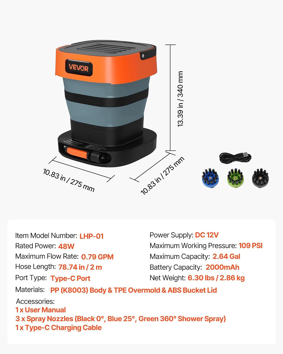 VEVOR Hidrolavadora portátil inalámbrica con Tanque de 2.64 galones, Plegable, 109 PSI máx., 0.79 GPM máx., 3 boquillas, Manguera Flexible de 78.7 Pulgadas, Carga Tipo C, para Limpieza de