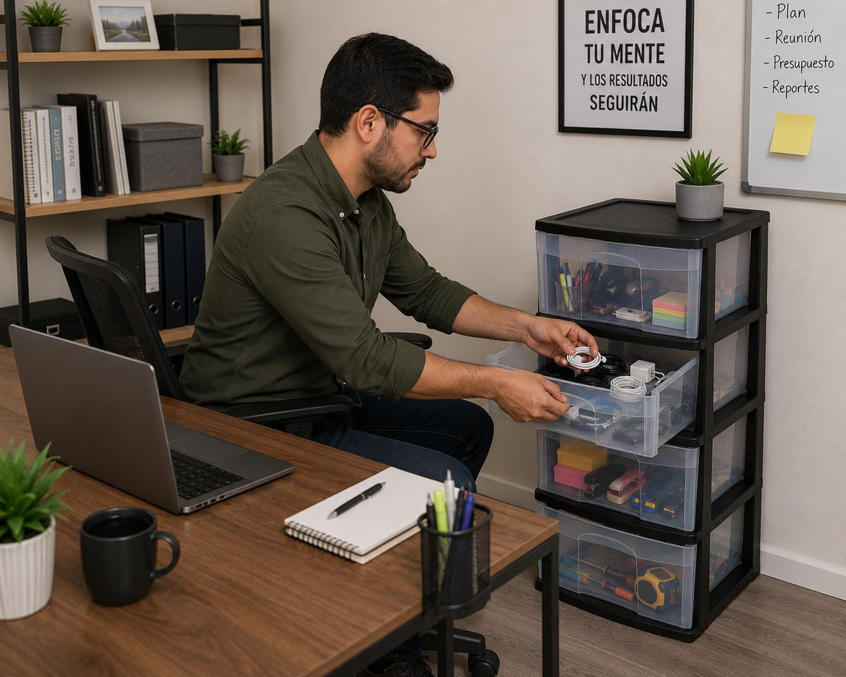 Italhome Cajonera ONYX 4 de Plástico Negra con 4 Cajones Transparentes, Organizador Multiusos para Recámara, Oficina o Cocina