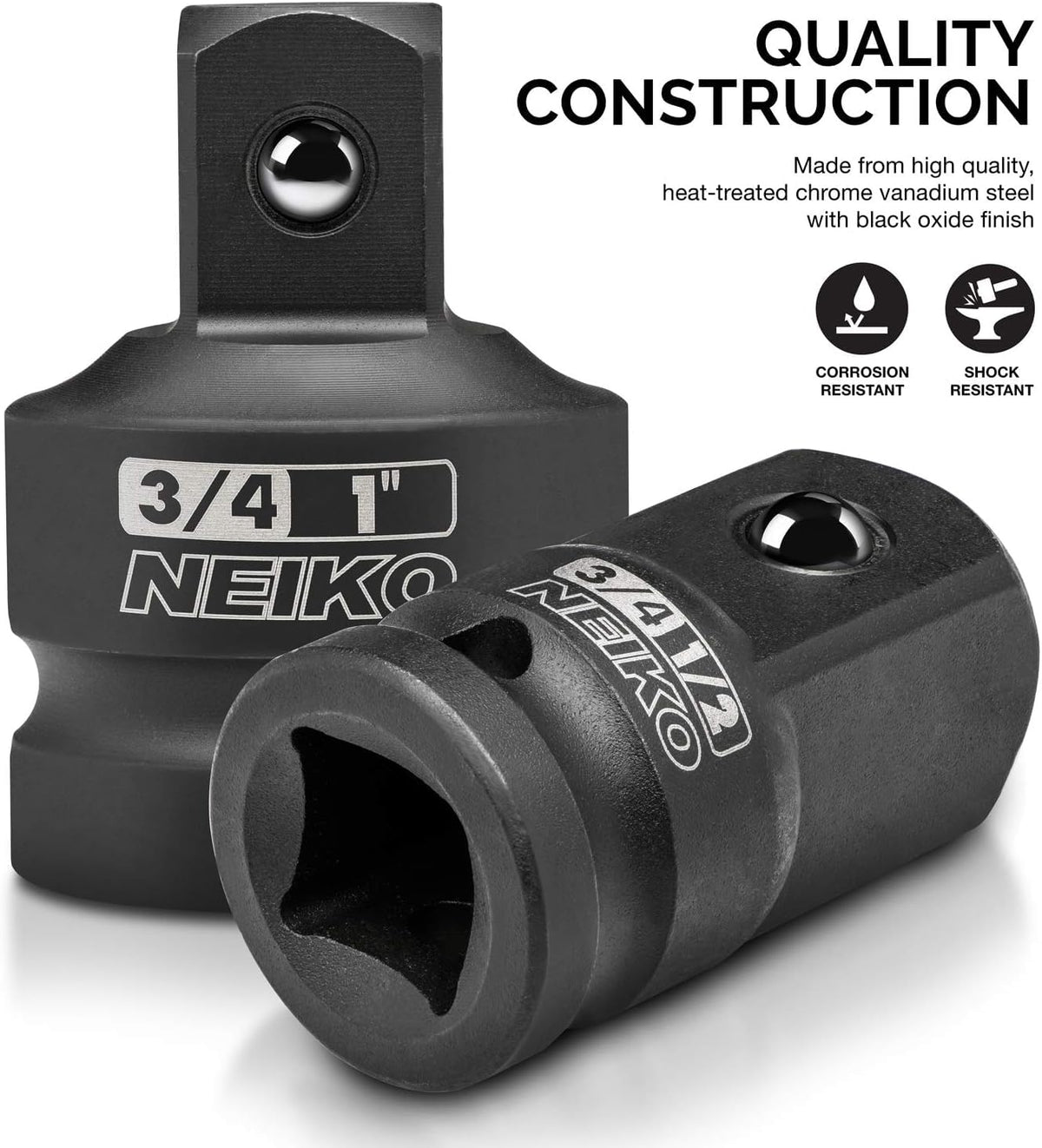 Neiko Adaptadores Reductores Impacto 30223A | 8 piezas, tamaños SAE estándar, acero Cr-V, detente de bola, square drive