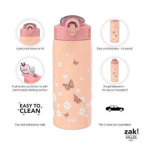 Zak Designs - Botella de agua para viajes y en casa, 19 onzas aislada al aspiradora de acero inoxidable con tapa de boquilla de bloqueo, bucle de transporte integrado, diseño a prueba de fugas