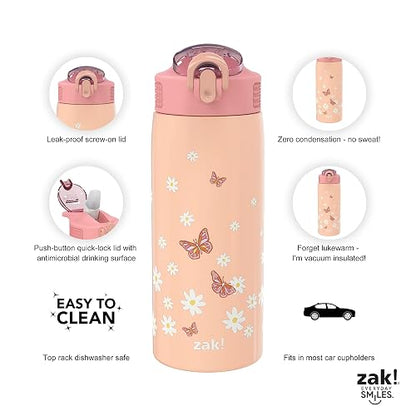 Zak Designs - Botella de agua para viajes y en casa, 19 onzas aislada al aspiradora de acero inoxidable con tapa de boquilla de bloqueo, bucle de transporte integrado, diseño a prueba de fugas