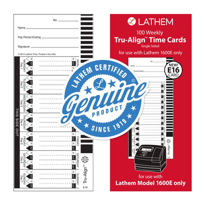 Lathem TruAlign E16 - Tarjetas de tiempo para 1600E, semanal, 1 cara, 4 x 9 pulgadas, blanco, caja de 100 (E16-100)